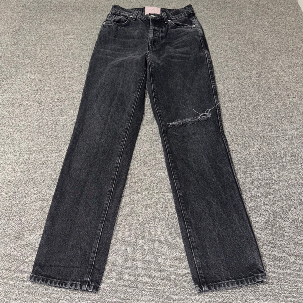 Revice Denim Venus Crop High Rise Straight Leg Jeans Black Distressed Size 25